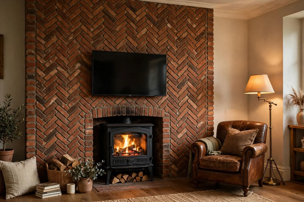 Floor-to-ceiling herringbone brickwork chimney breast with a black log burner and TV above, leather armchair beside