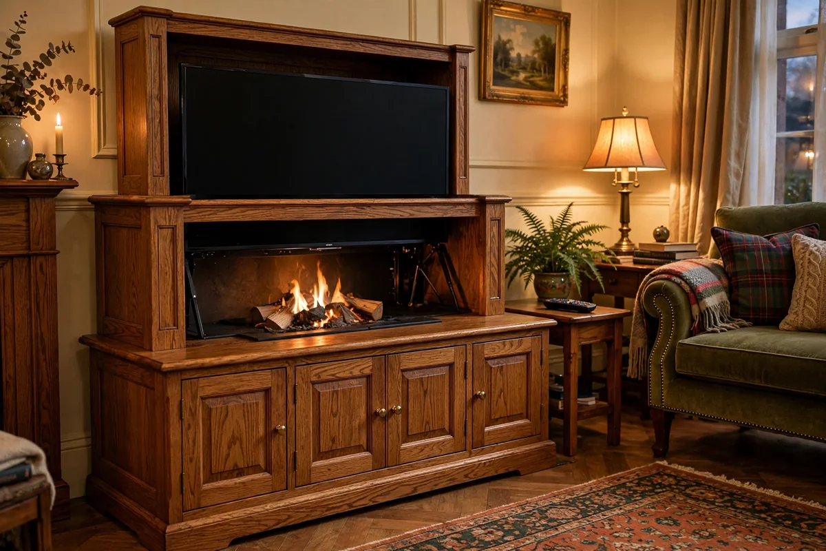 Oak TV lift cabinet with the screen half-raised above a glowing log burner in a traditional living room