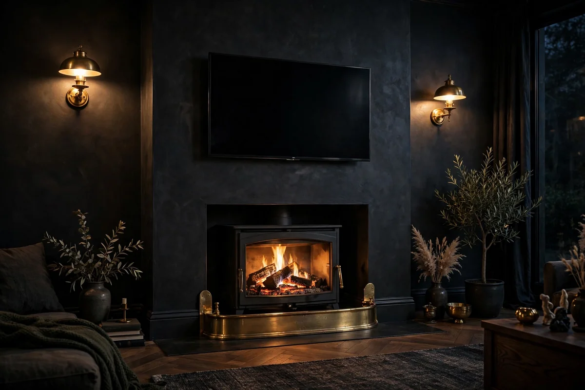 Charcoal media wall with glowing log burner, TV above, brass wall sconces and fire fender in evening light