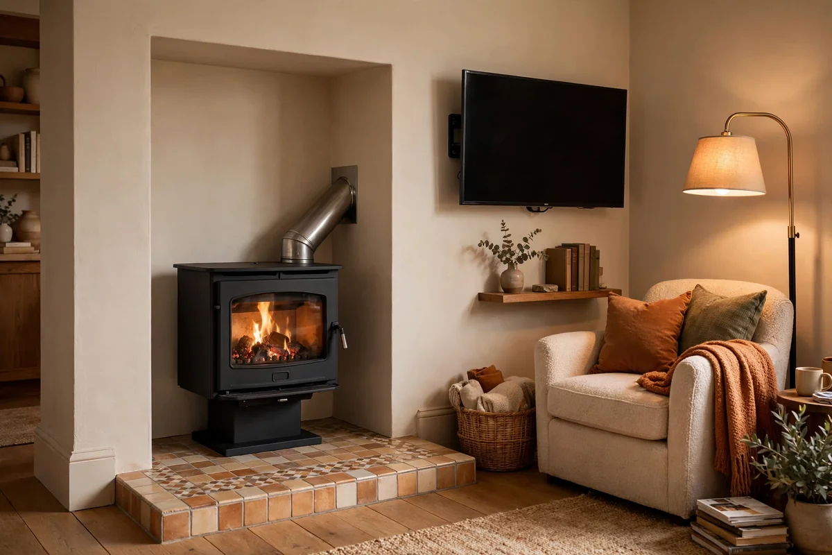 Corner log burner angled into an alcove with a TV on the adjoining wall, cozy reading chair and floor lamp