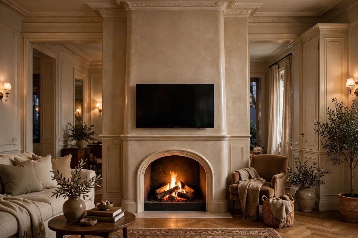 Full-height chimney breast in polished Venetian plaster with an arched niche holding a glowing log burner and TV above