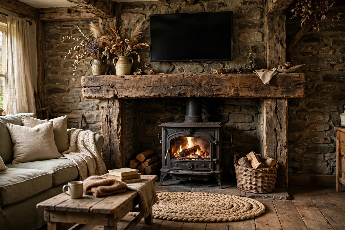 Vintage farmhouse oak beam mantel over a cast iron log burner with TV above, exposed stone and braided rug