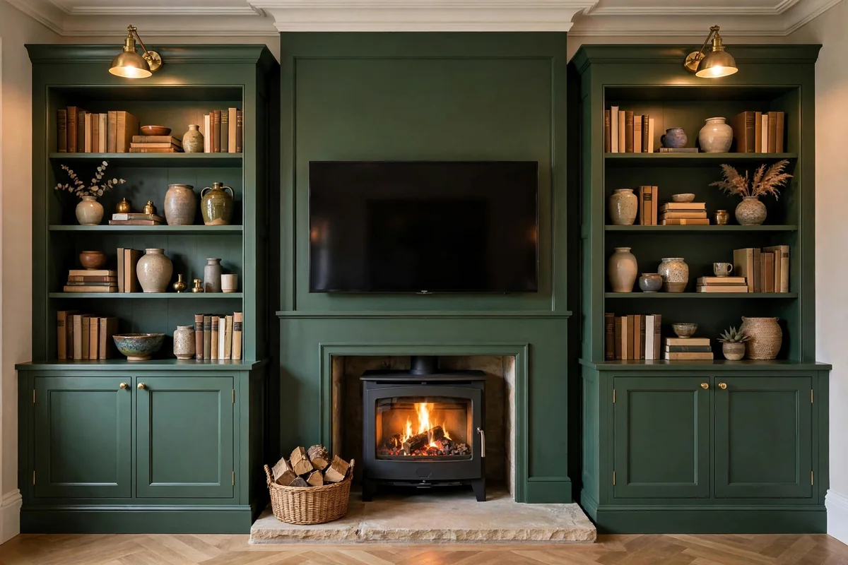 Symmetrical built-in shelving towers flanking a TV and log burner media wall with brass picture lights and books
