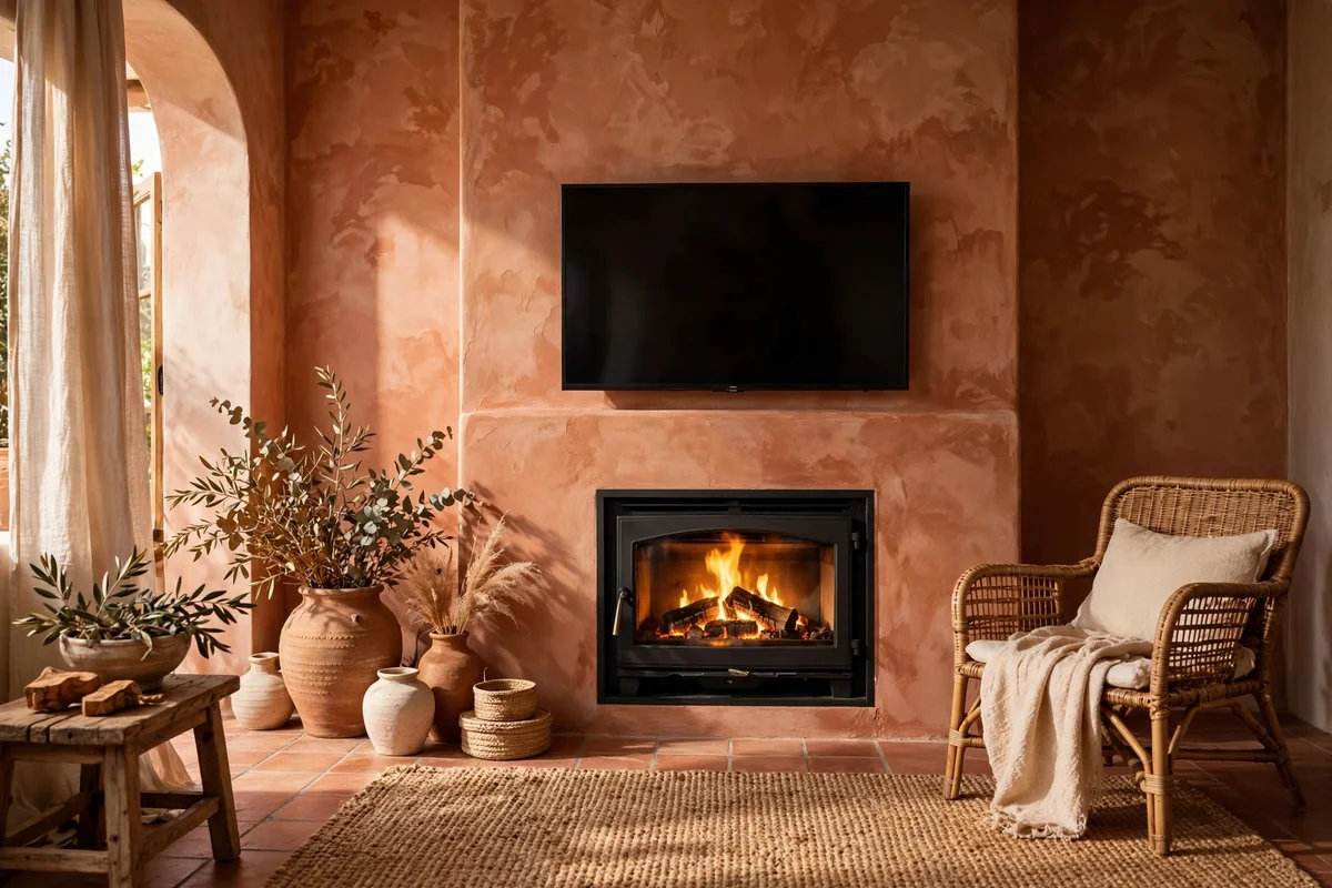 Terracotta clay-toned plaster media wall with a glowing log burner, TV above, jute rug and rattan chair