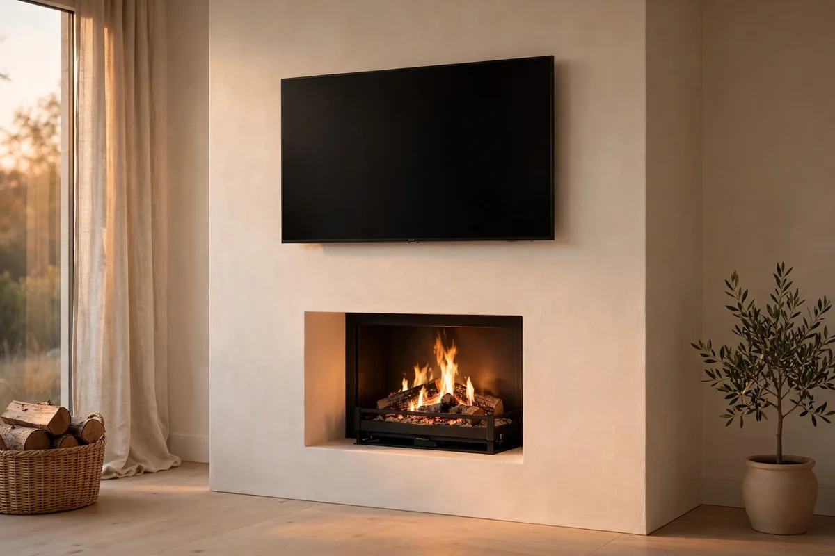 Minimalist warm white plastered media wall with an inset niche for a black log burner and flush-mounted TV
