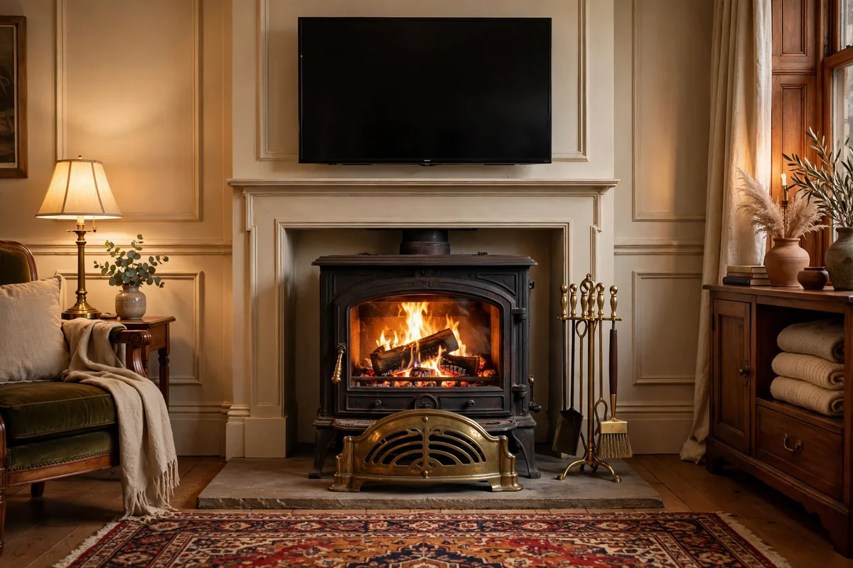 Antique brass fire fender and companion set beside a glowing log burner with a TV mounted above, traditional rug
