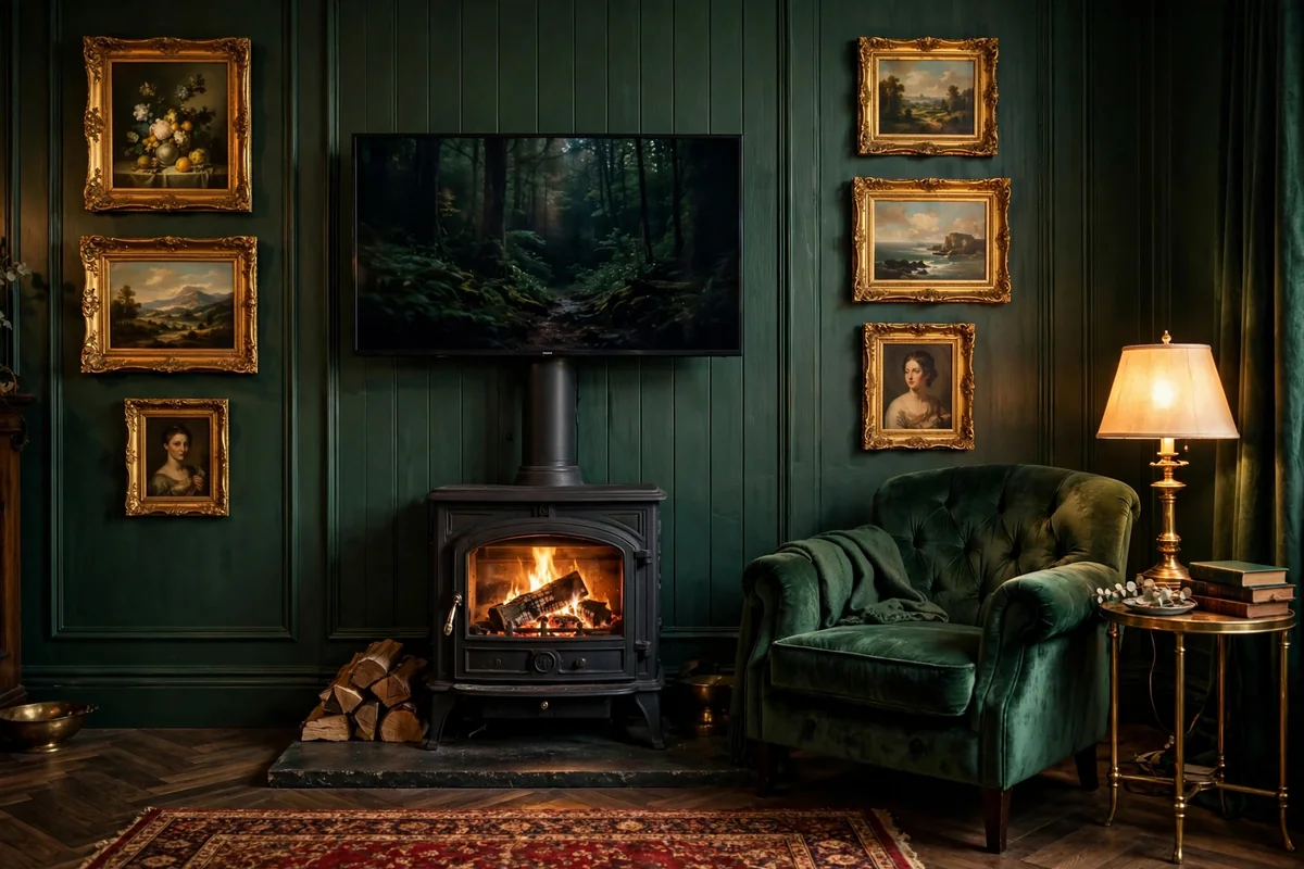Moody forest green panelled wall with gilt frames, glowing log burner beneath a TV, velvet armchair and brass lamp