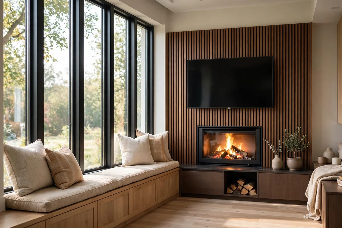 Bright living room with a window seat beside a media wall holding a log burner and TV, daylight and fire glow