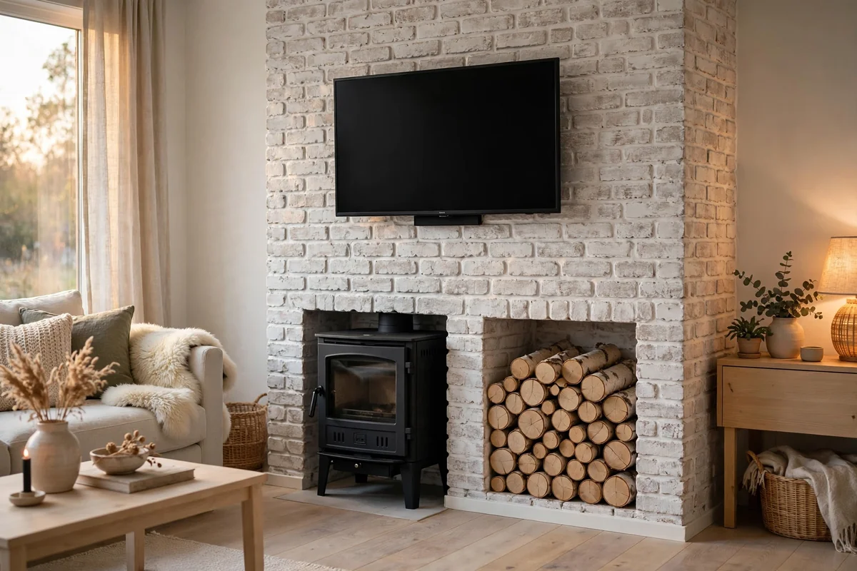 Scandinavian whitewashed brick chimney breast with a small black log burner, stacked birch logs and TV above