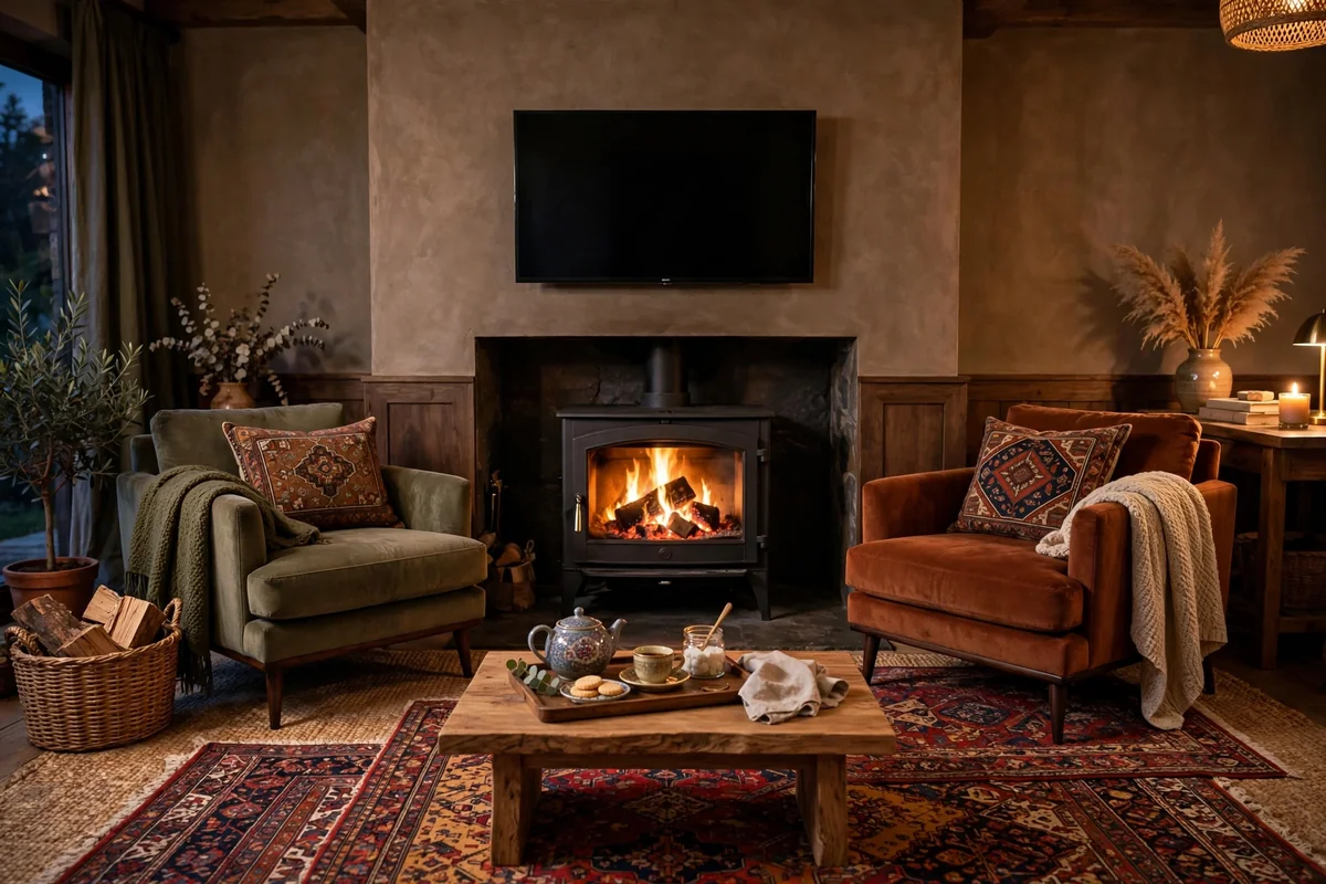 Fireside seating with layered rugs and low armchairs facing a glowing log burner, TV mounted on the wall above