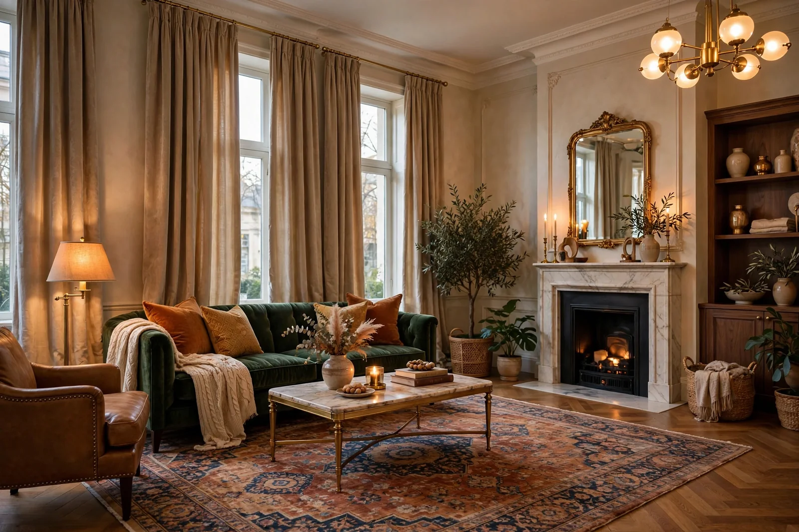 Elegant living room with warm lighting, large rug and high hung curtains