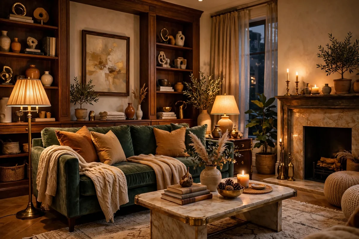 Warm layered lighting in elegant living room