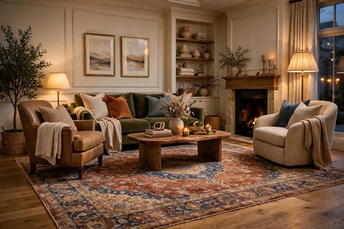 Large area rug anchoring elegant living room