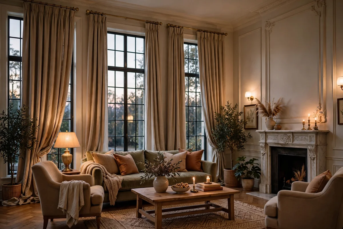 Curtains hung high and wide in elegant room