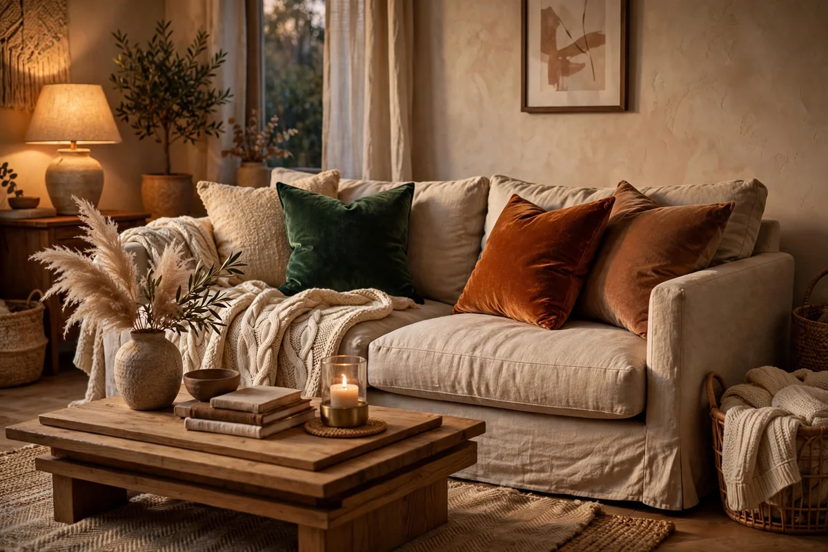 Layered textures in elegant living room