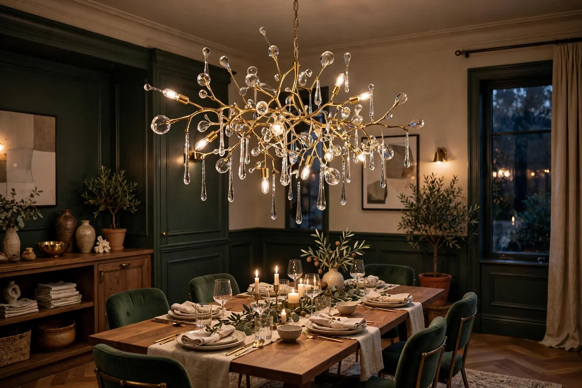Statement chandelier in elegant dining room