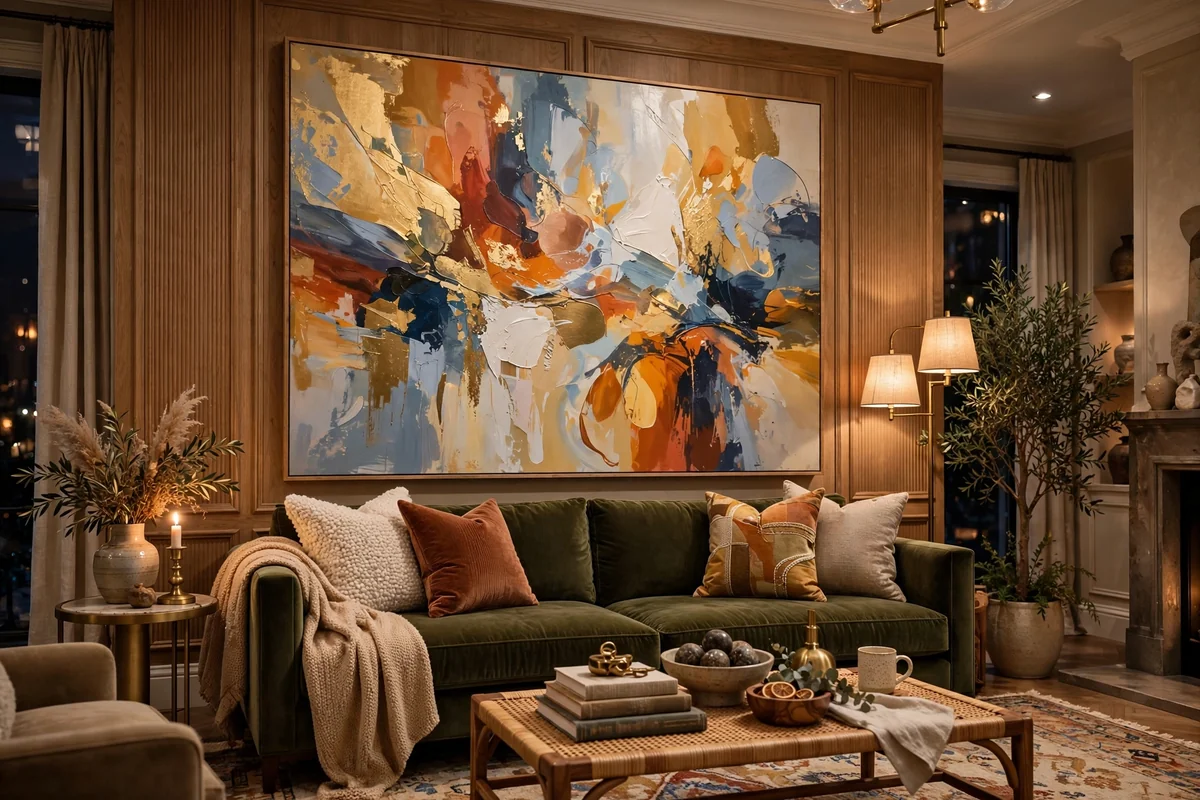 Large scale art in elegant living room