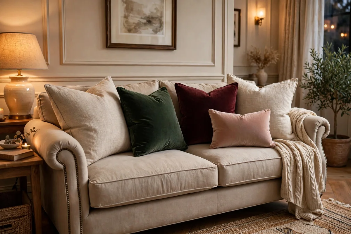 Quality throw pillows on elegant sofa