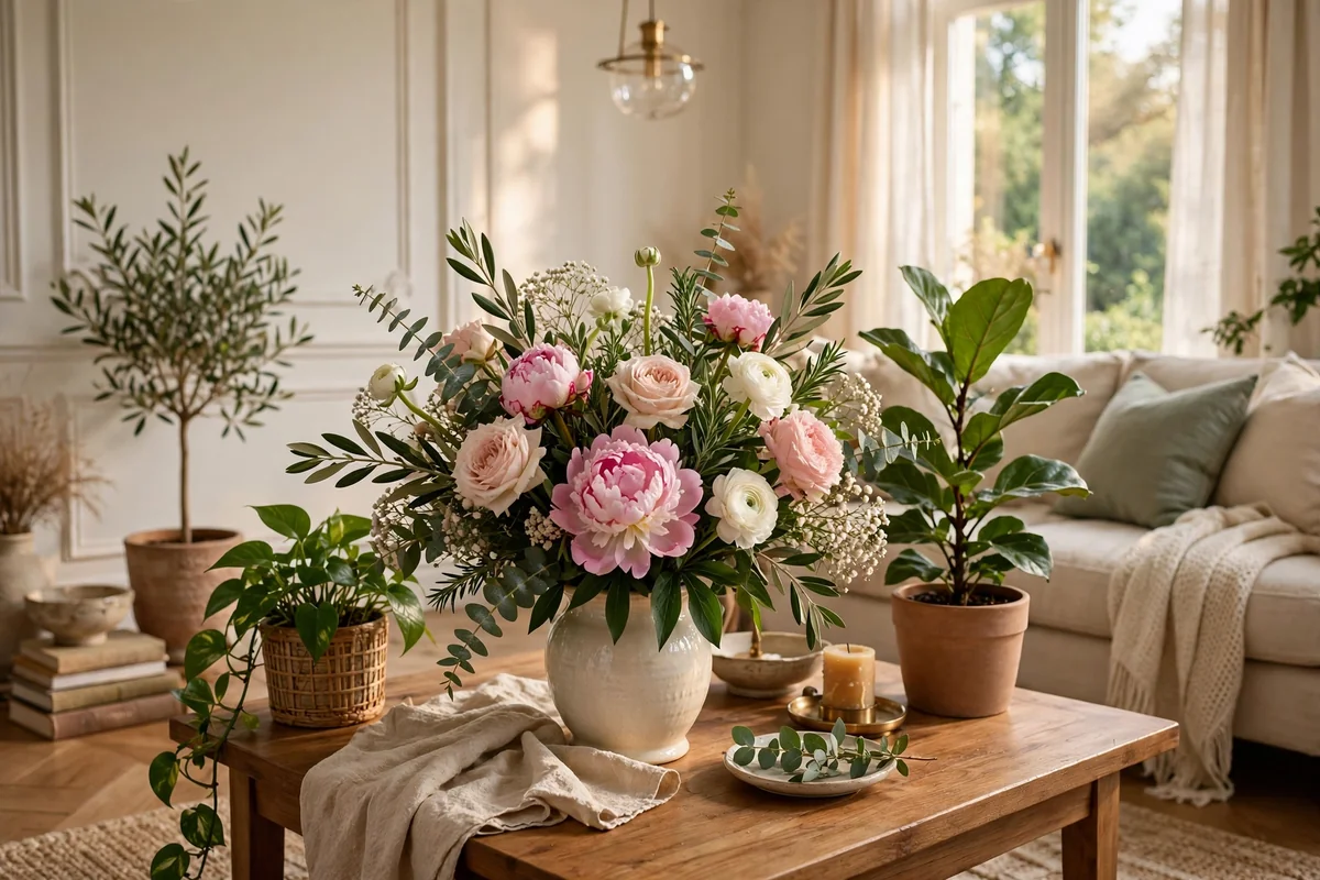 Fresh flowers and greenery in elegant home