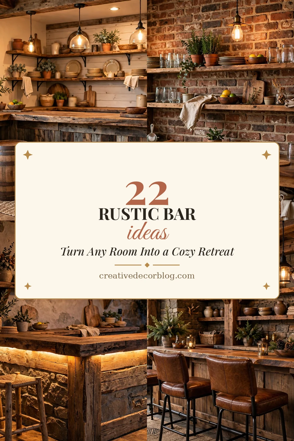 Pinterest pin collage of rustic bar ideas titled 22 Rustic Bar Ideas That Turn Any Room Into a Cozy Retreat