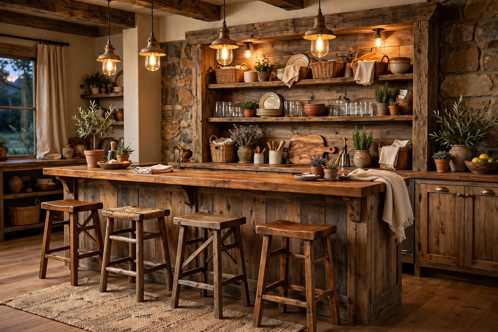 Wide view of a beautiful rustic home bar with wooden counter and stools, warm and inviting
