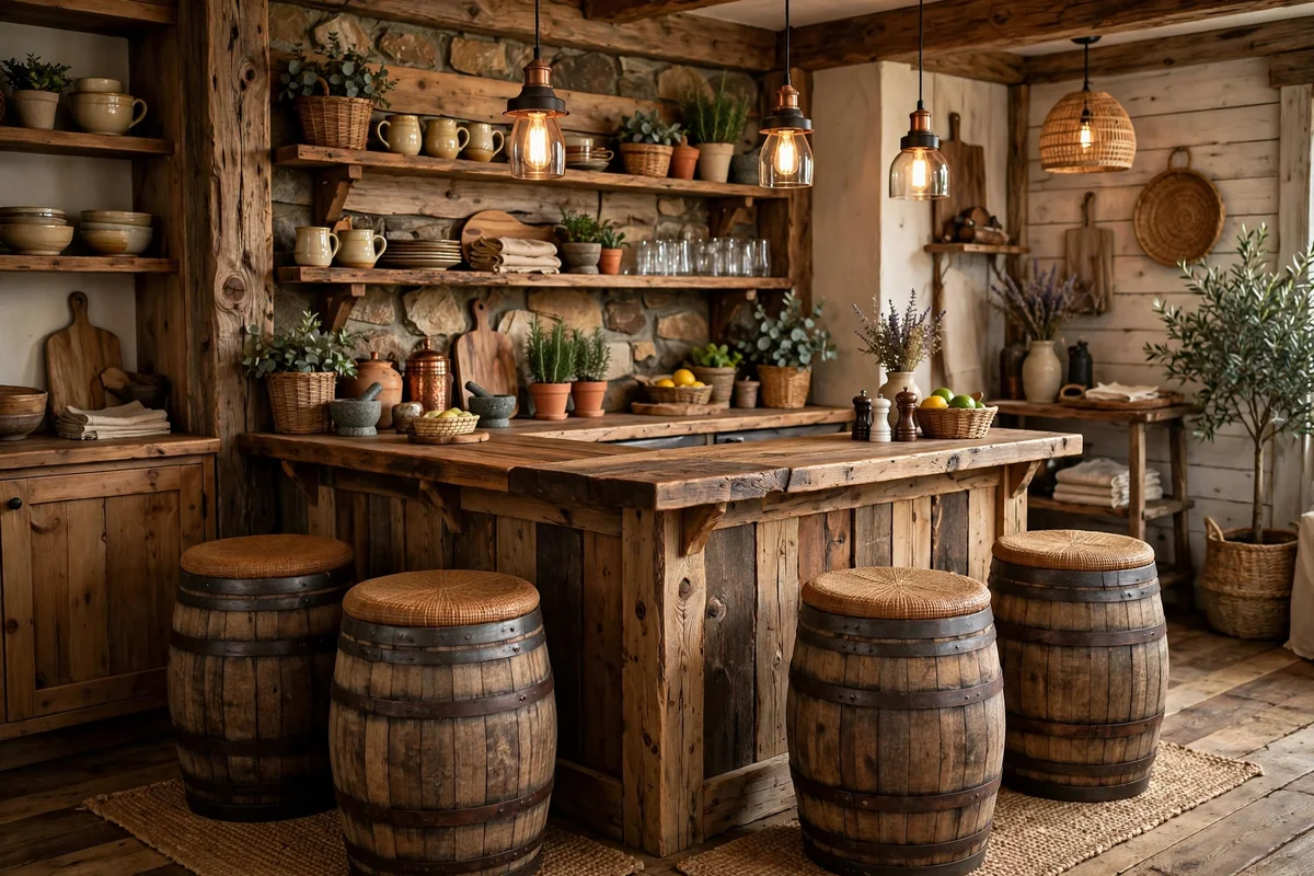 Rustic home bar with barrel bar stools around a wooden counter