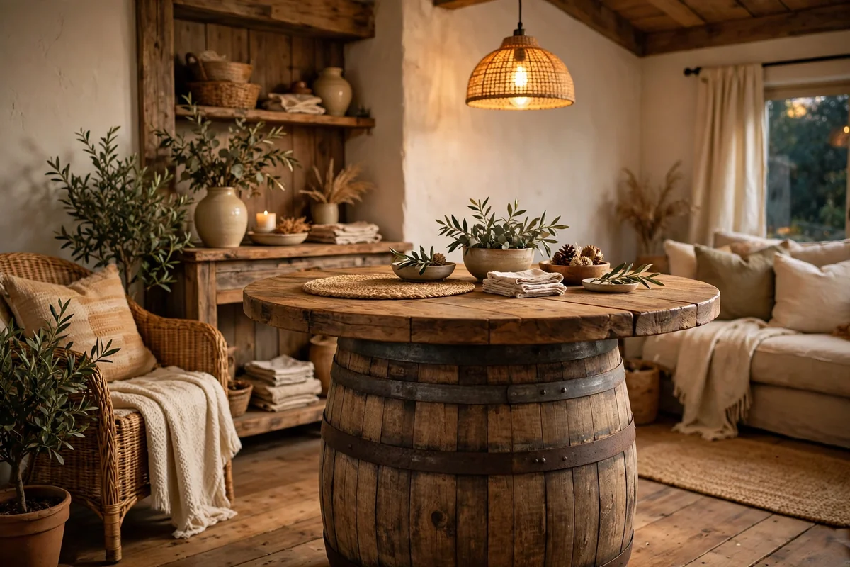 Rustic bar table made from a wine barrel base with a wooden top