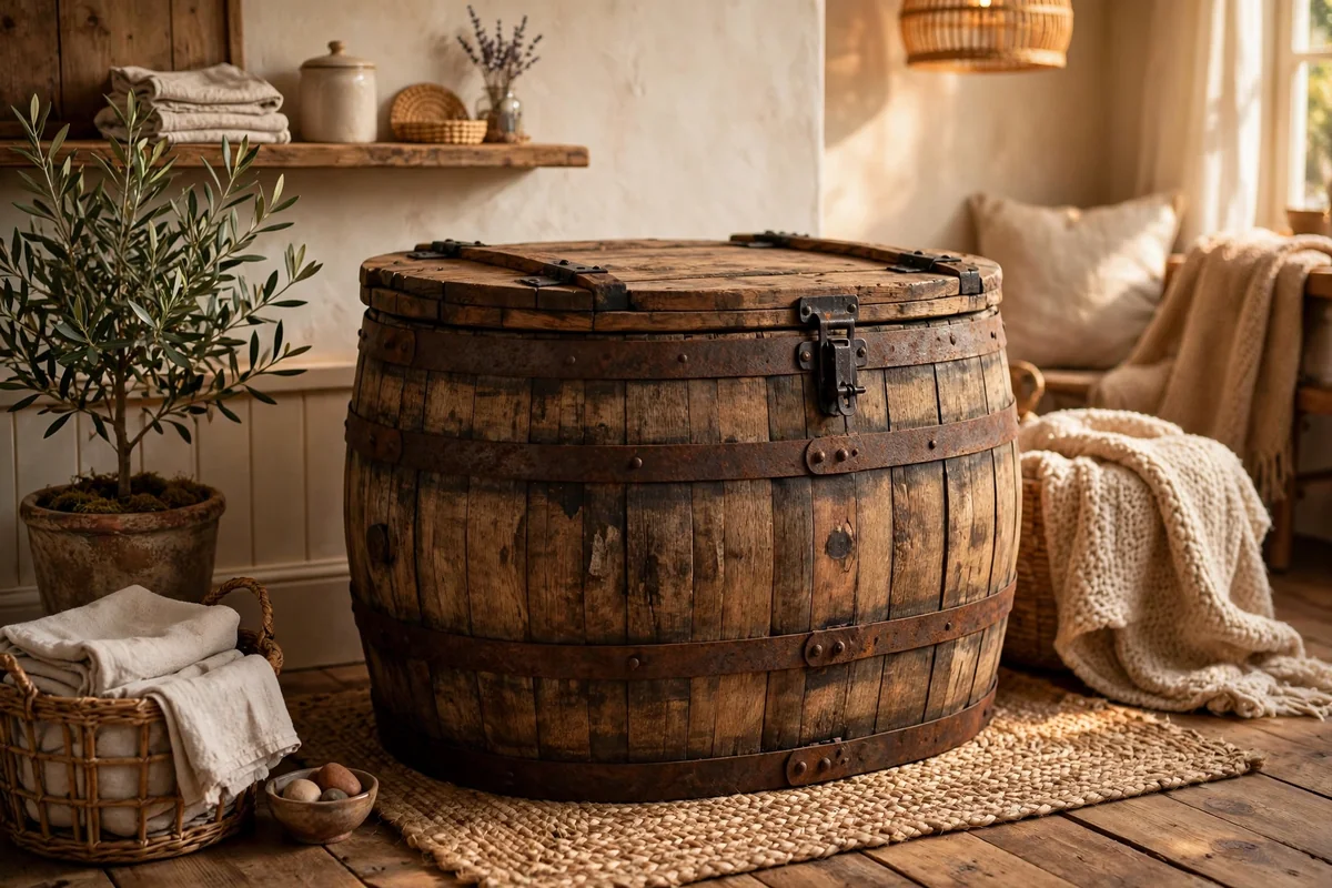 Rustic barrel repurposed as a drink cooler chest with a hinged lid, closed