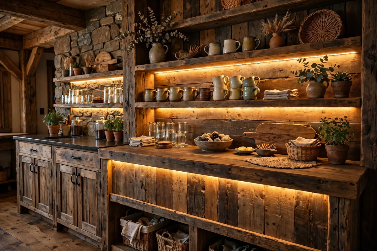 Rustic home bar with warm LED strip lighting under the counter and shelves