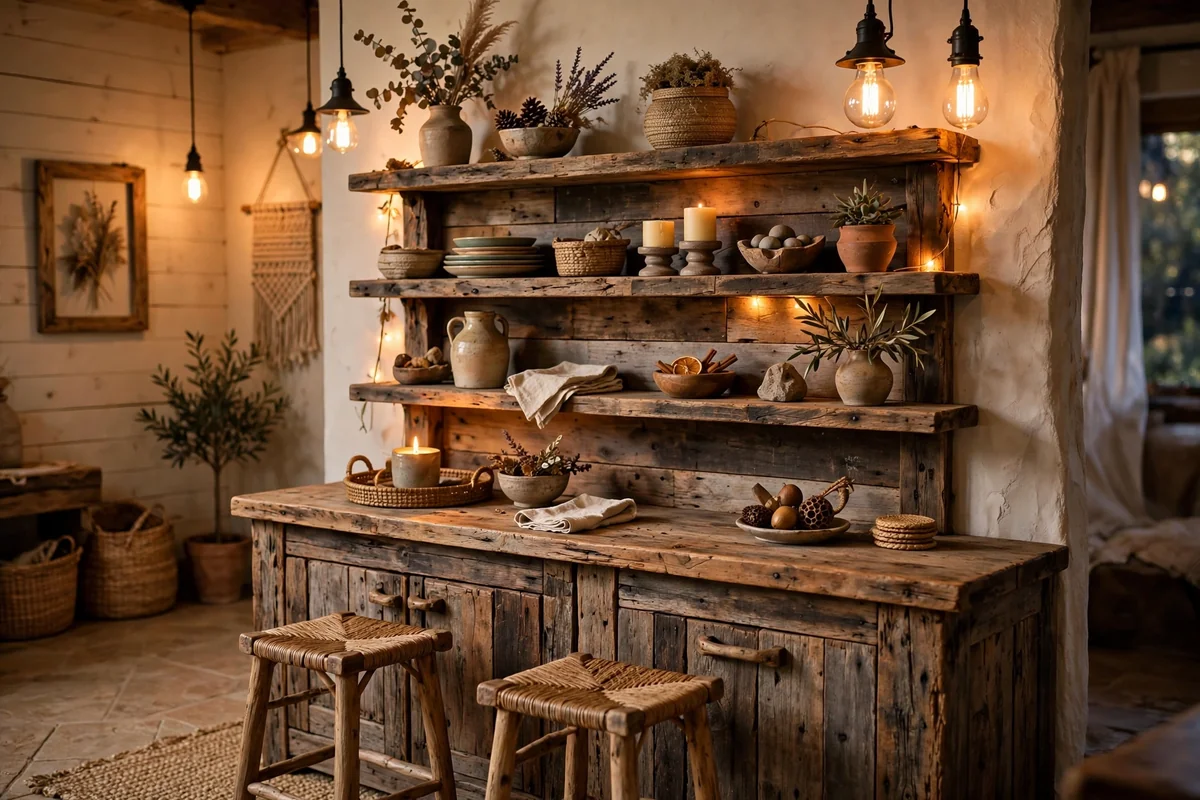 Rustic bar with reclaimed wood display shelves holding decor items