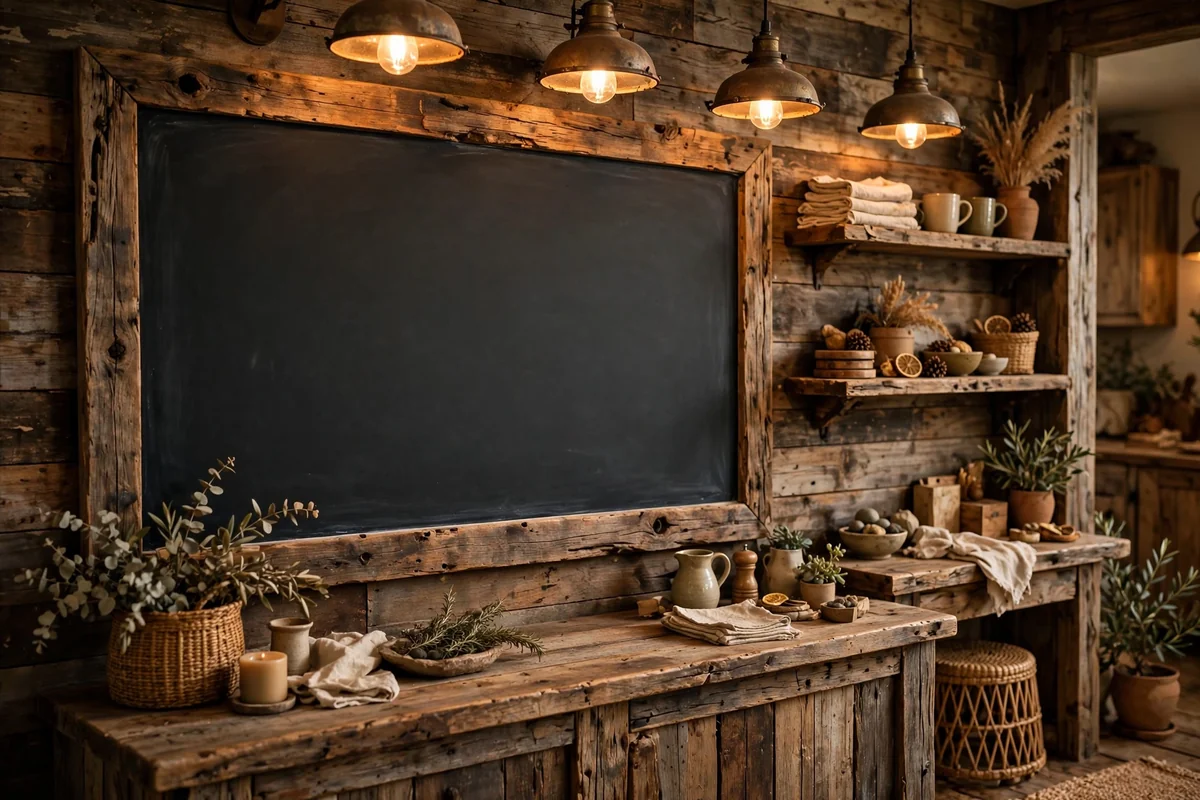 Rustic bar wall with a large blank chalkboard and wooden frame