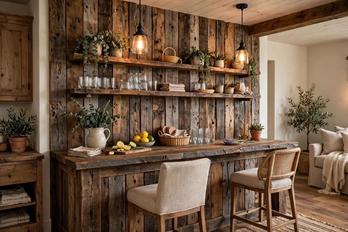 Rustic home bar with a reclaimed barn wood accent wall