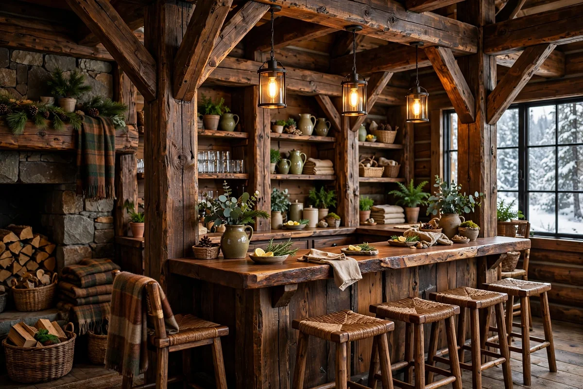 Rustic bar framed by heavy timber posts and beams, lodge style