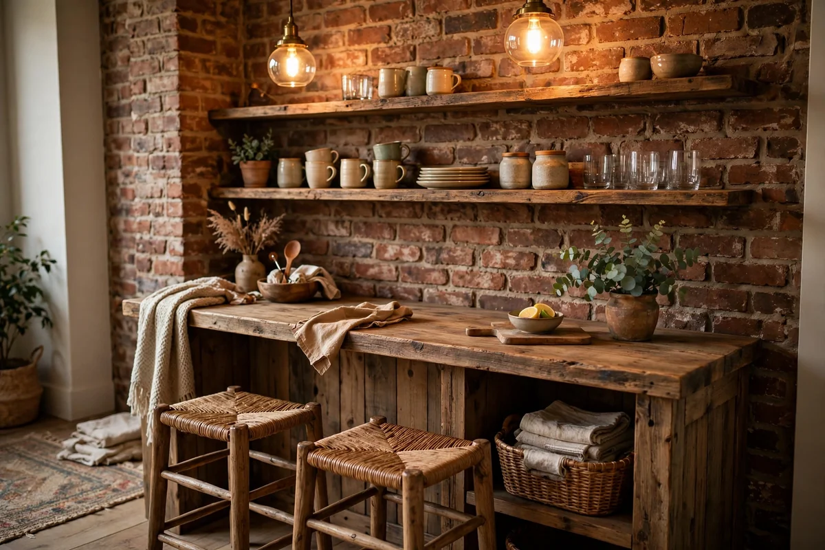 Rustic home bar against an exposed brick accent wall, warm