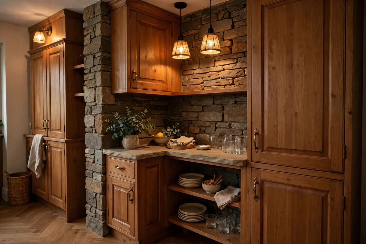 Small compact corner bar with wooden cabinets and stone details