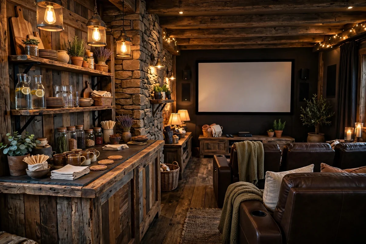 Rustic bar combined with a home theater seating area, cozy