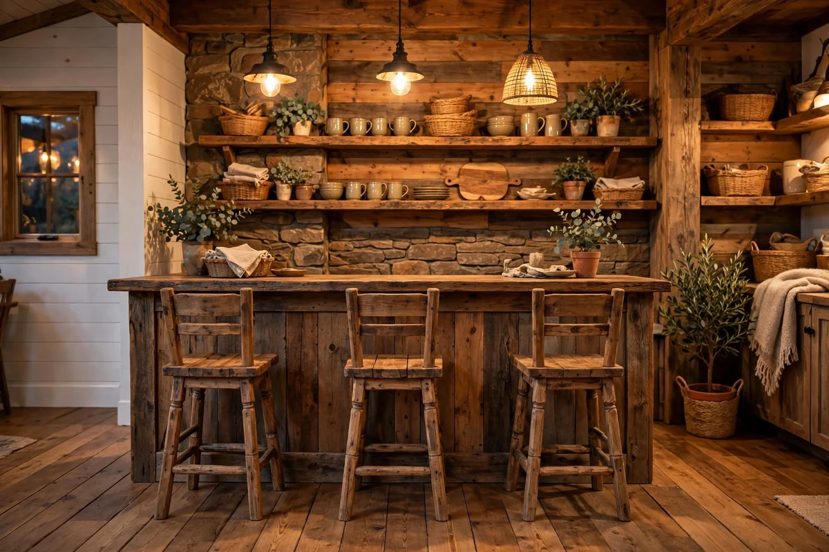 Rustic home bar with warm wood plank flooring and wooden stools