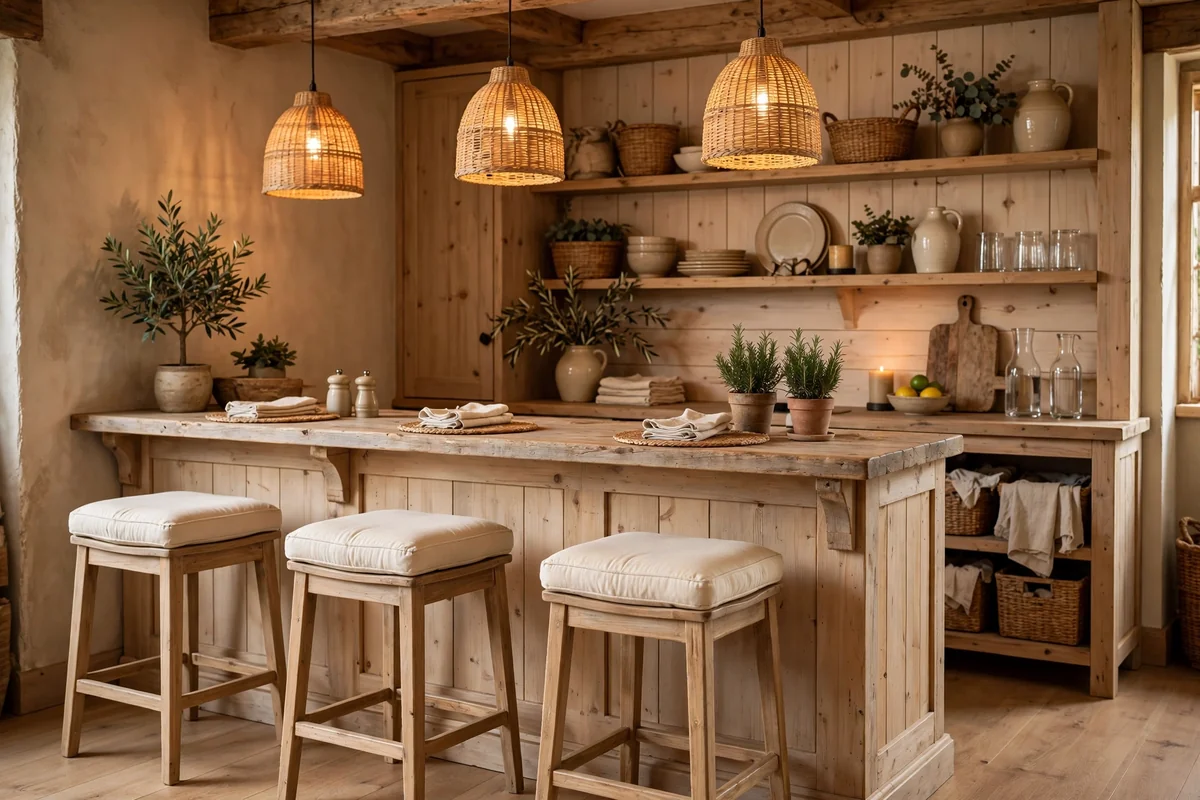Rustic bar with cream cushioned bar stools and light wood frames