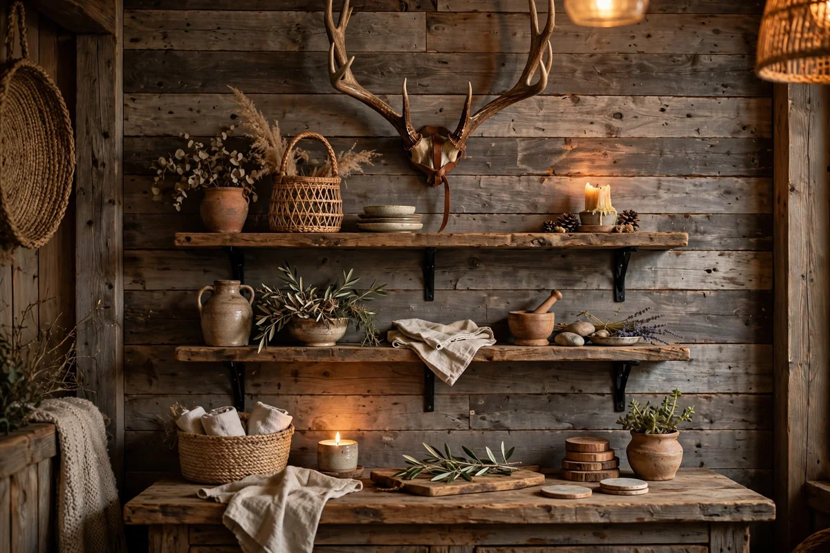 Rustic bar wall with decorative antlers mounted above wooden shelves