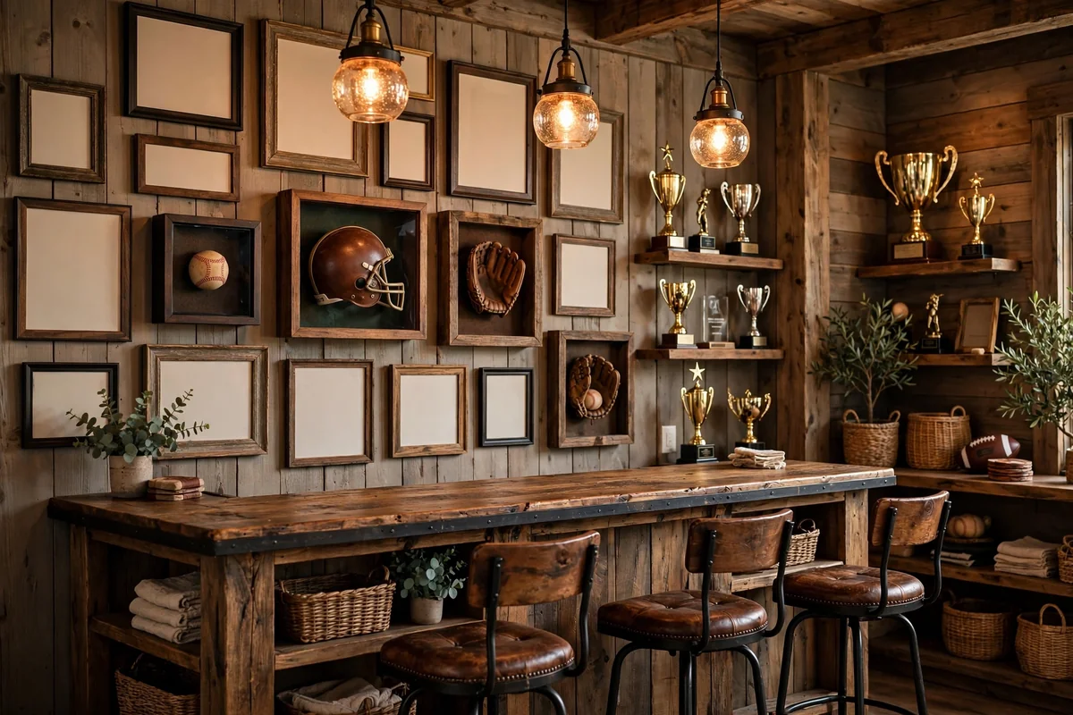 Rustic bar with a gallery wall of framed sports memorabilia and trophies