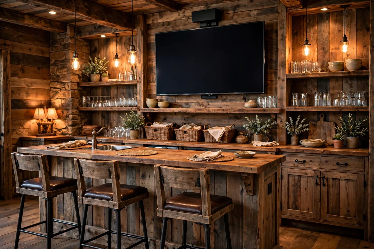 Rustic home bar with a large flat screen TV mounted above the counter