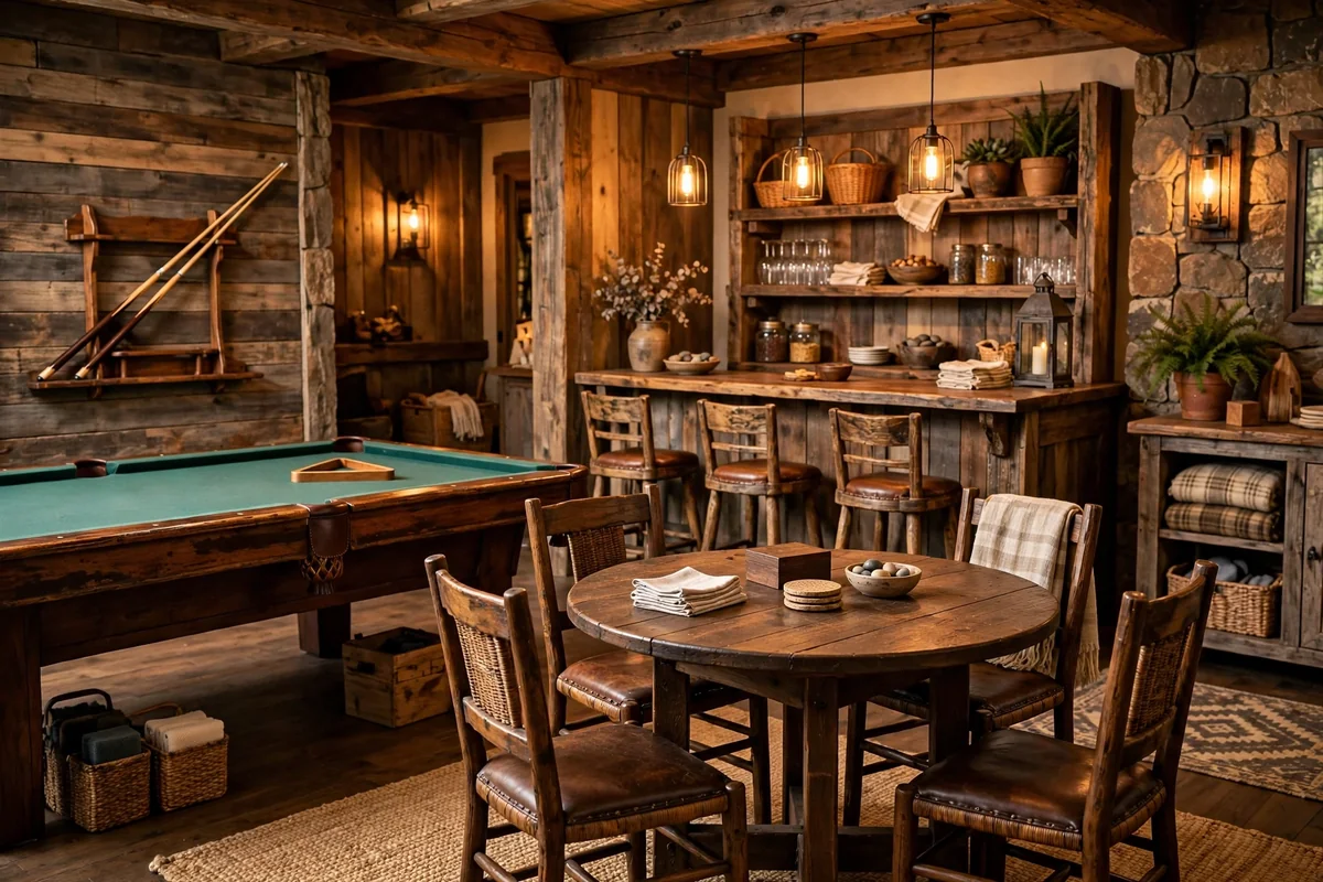 Rustic entertainment corner with a billiards table and card table near the bar