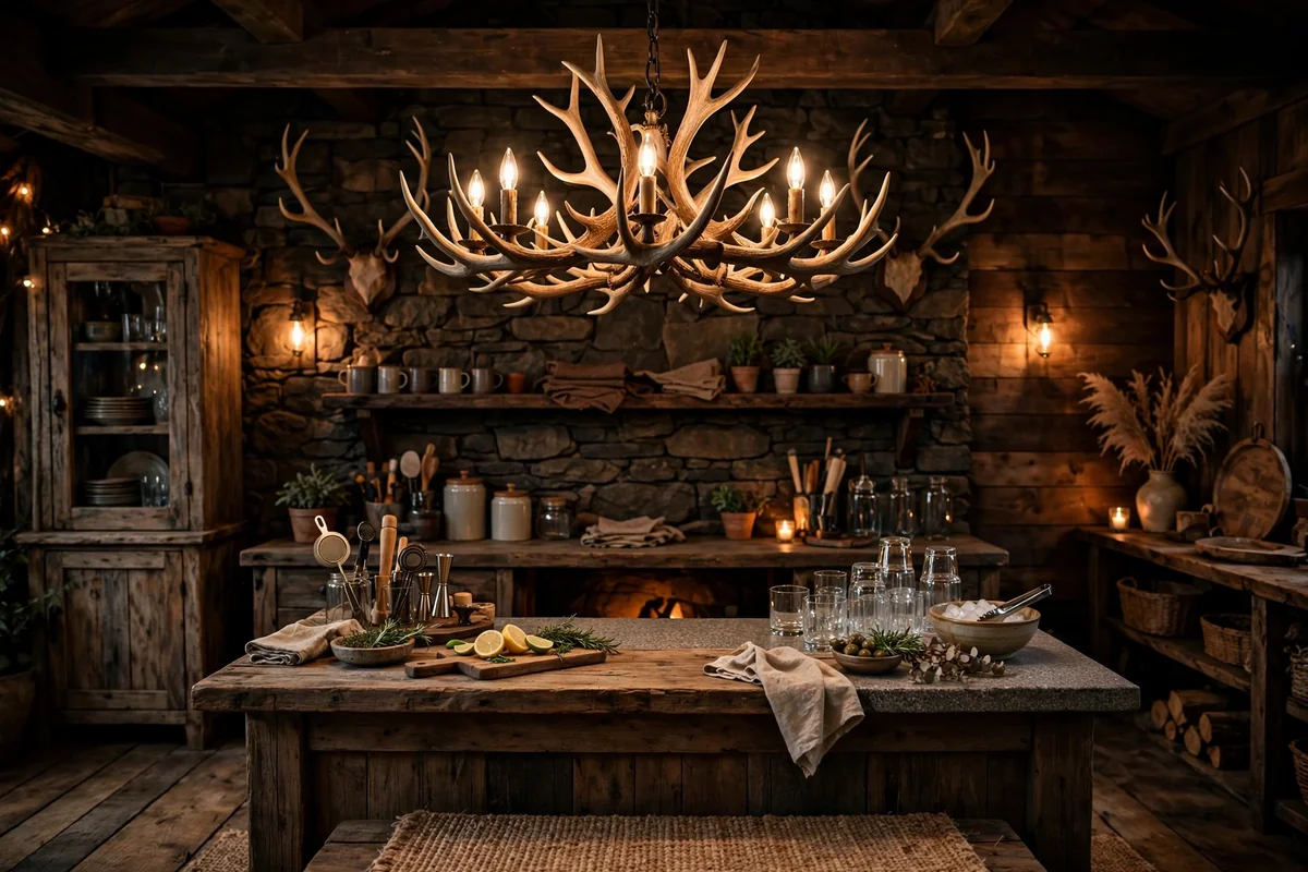 Rustic bar with a statement antler chandelier hanging above, dramatic