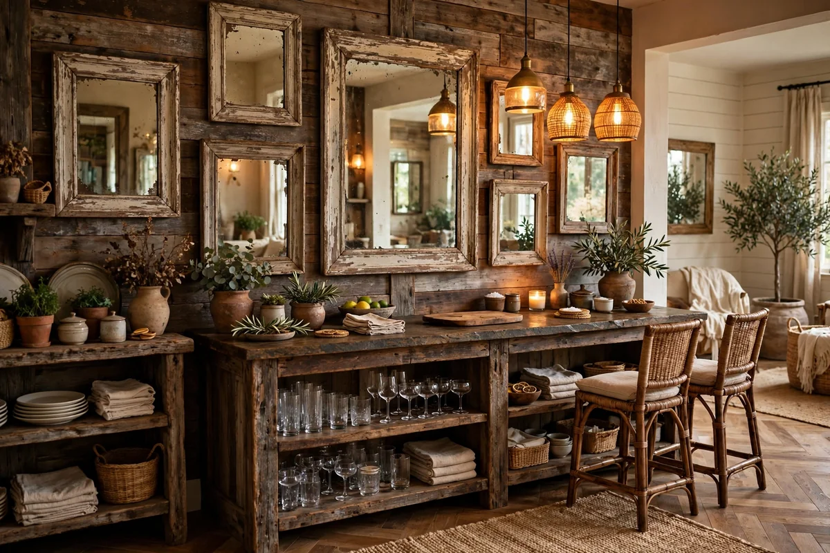Rustic home bar with distressed framed mirrors on the wall, enlarging