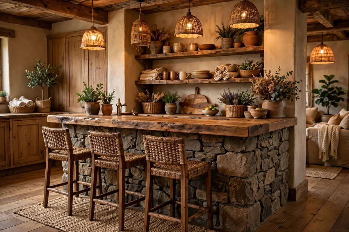 Rustic bar with a natural stone front and thick wooden countertop