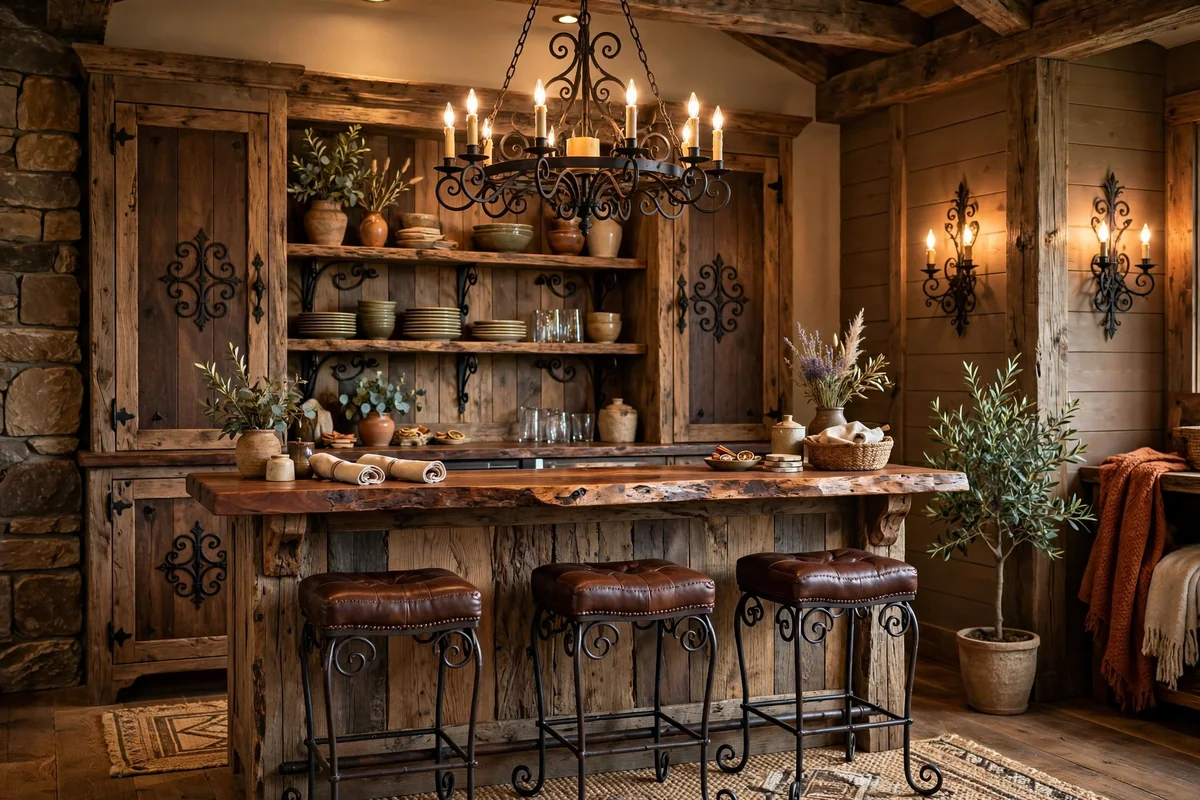 Rustic bar with leather and wrought iron accent details, refined