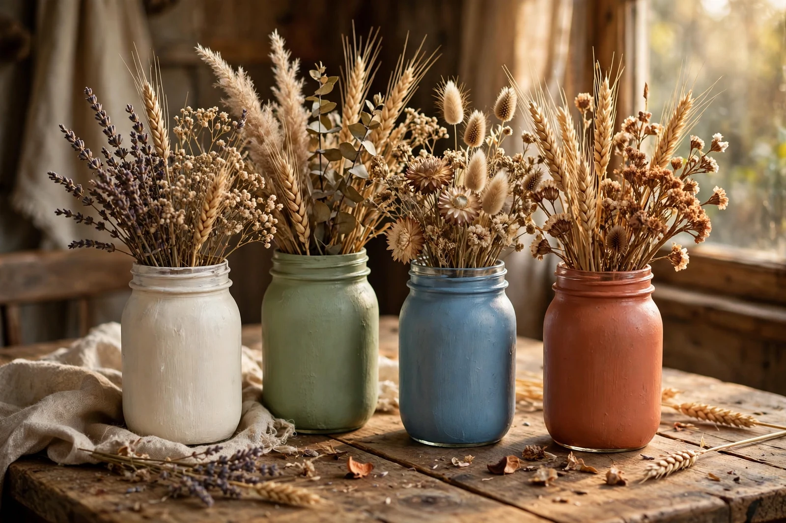 Collection of hand-painted mason jars in cream, sage, dusty blue, and terracotta with dried flowers