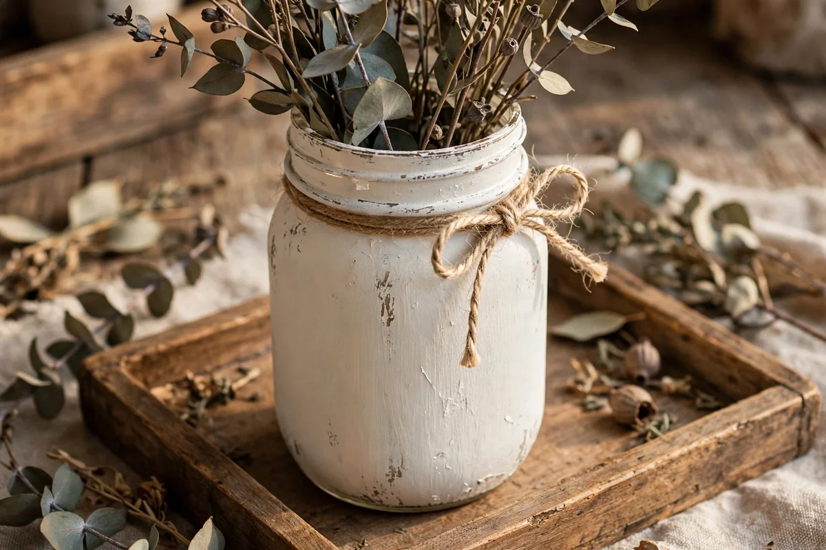 Ivory distressed mason jar with dried eucalyptus and jute twine on a wooden tray