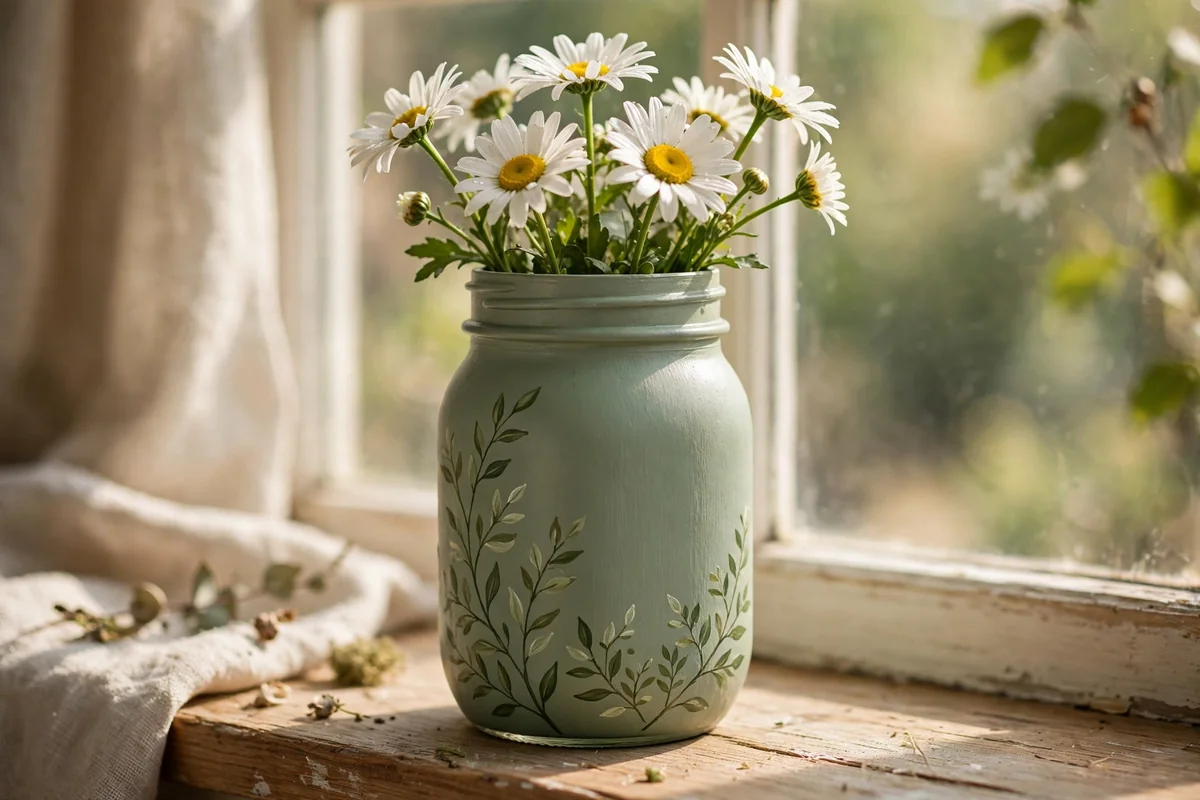 Sage green mason jar with hand-painted leafy branches holding white daisies