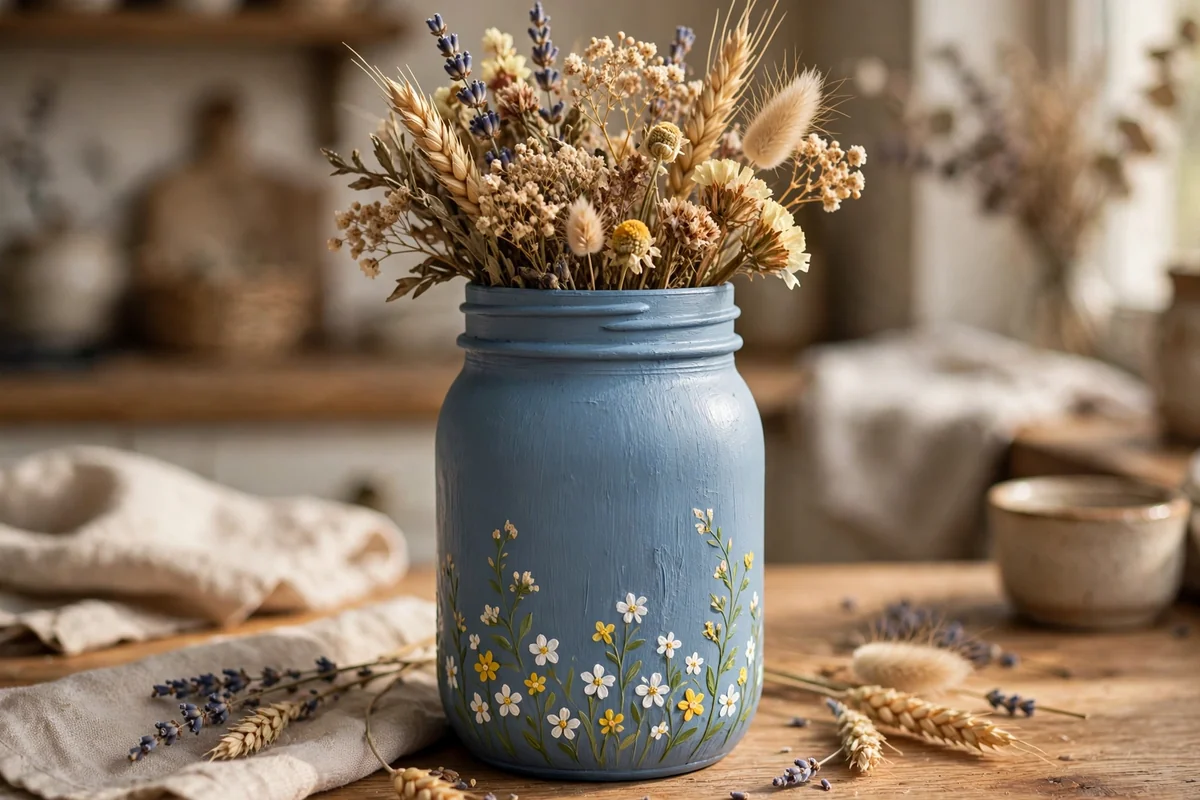 Dusty blue mason jar with hand-painted white and yellow wildflowers